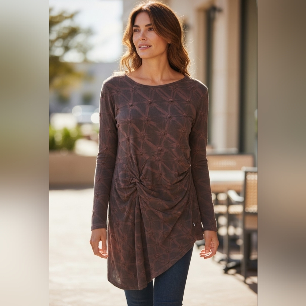 Long Sleeve Ruched Shibori Tunic Top - Red With Black Over dye